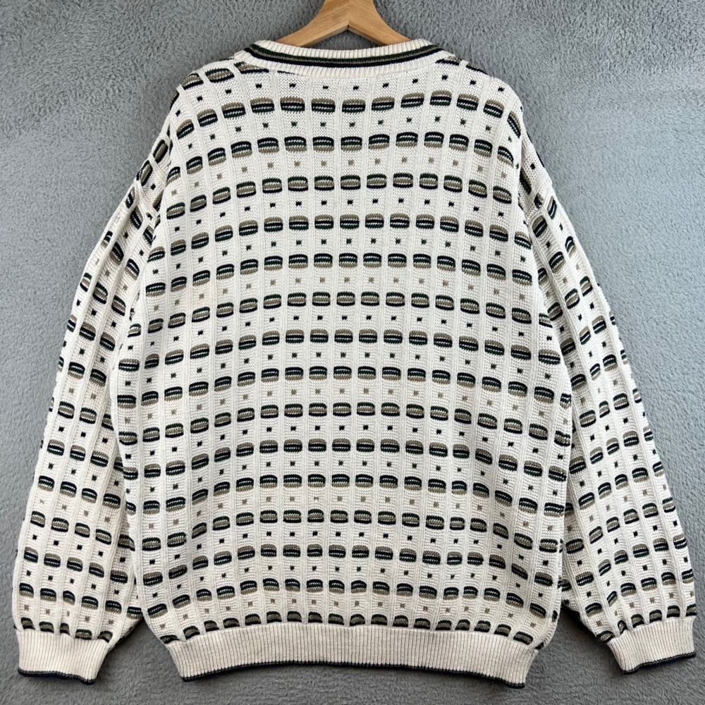 Vintage Textured Knit Geometric Crewneck Sweater Mens Cream Green Brown Pattern - Picture 2 of 8